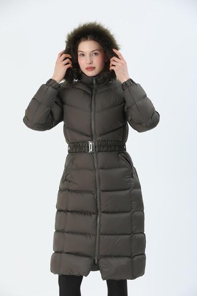 QUBERZ Hooded Inflatable Coat with Belt Khaki