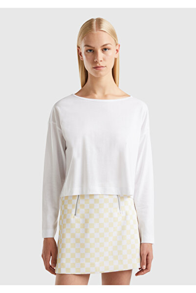 United Colors of Benetton Tricou alb pentru femei, 100% bumbac, cu mânecă lungă