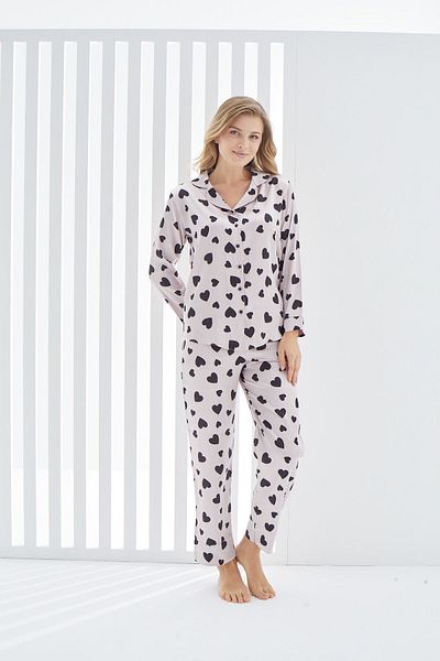 ERDENİZ TEKSTİL Satin Pajama Set Button Front Floral Print 2-Piece Top & Bottom