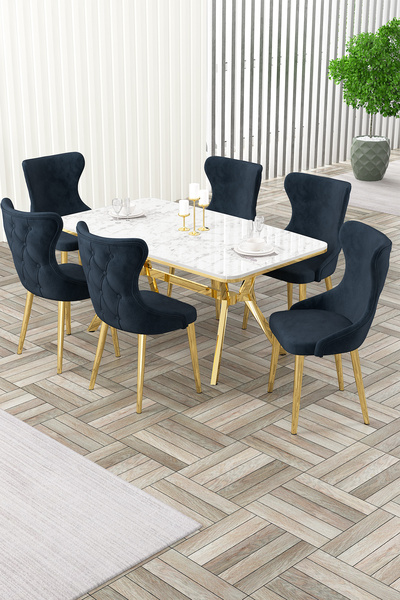 Canisa Esla Serisi 90x160 Lak Panel Beyaz Mermer Desen Gold Ayaklı Masa Takım...