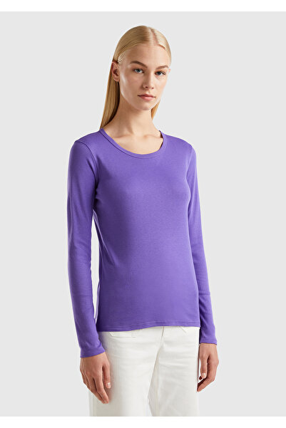 United Colors of Benetton Tricou cu mânecă lungă, mov, de bază, cu gâtul turn