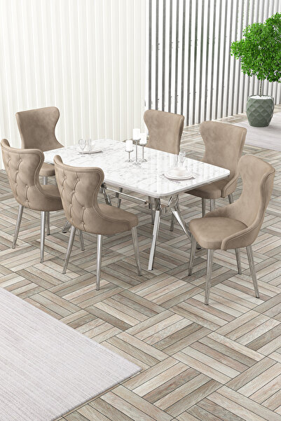 Canisa Esla Serisi 90x160 Lak Panel Beyaz Mermer Desen Krom Ayaklı Masa Takım...