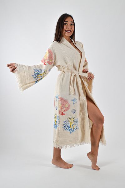 REİNA TEKS 1 Piece Unisex Muslin Kimono Caftan - Printed and Belted Cotton Peshtemal Bathrobe