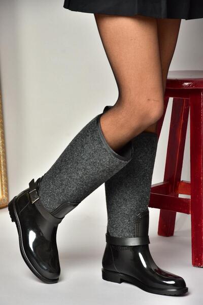 Fox Shoes T858725204 Siyah Keçe Kumaş Detaylı Yağmur Çizmesi