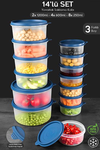 Meleni Home 14-Piece Dark Blue Round Food Storage Set - 8X250 4X600 2X1200Ml Food Container