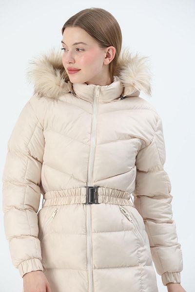 QUBERZ Hooded Inflatable Coat with Belt Cream