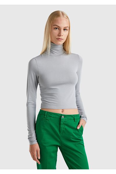 United Colors of Benetton Light Gray Slim Fit Viscous T-shirt - Long Sleeve, Stand Collar