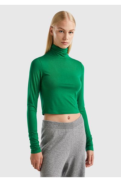 United Colors of Benetton Tricou verde vâscos slim fit amestecat cu mânecă lungă - guler vertical
