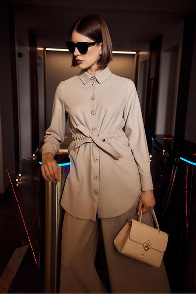 Zühre Beige Tunic - Button and Waist Tie T-1508