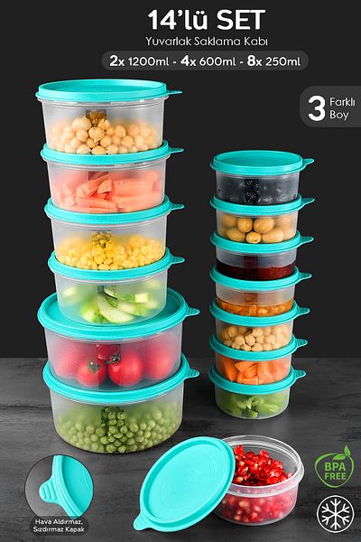 Meleni Home Set of 14 Green Food Container - Round Food Storage Organizer, 8X250 4X600 2X1200Ml
