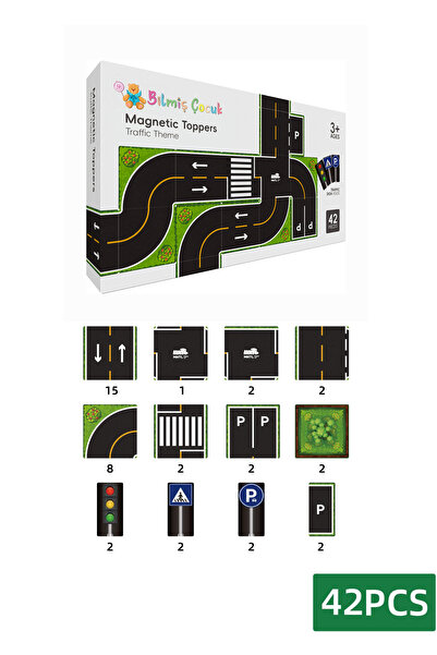 BİLMİŞ ÇOCUK Manyetik Blok Üzerine Yapışan Pvc Üstler Trafik Teması 42 Parça