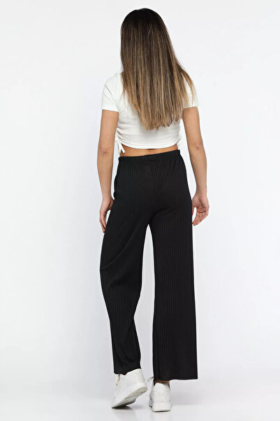 GÜLSELİ Black Ribbed Wide Leg Trousers