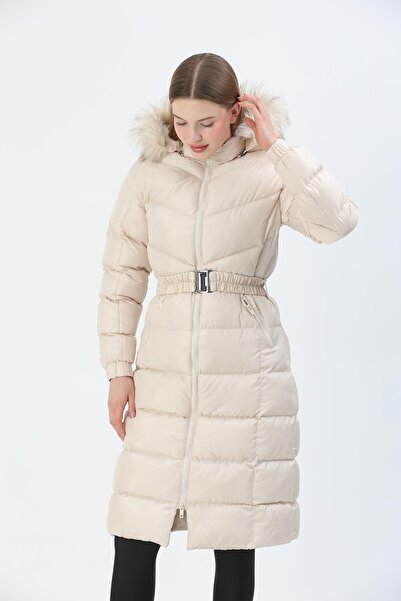 QUBERZ Hooded Inflatable Coat with Belt Cream