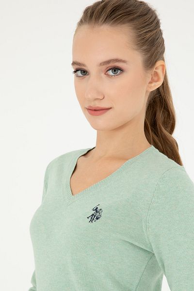 U.S. Polo Assn. Pulover de bază cu decolteu în V Melange verde de damă 50293542 -vr115