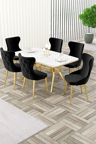 Canisa Esla Serisi 90x160 Lak Panel Beyaz Mermer Desen Gold Ayaklı Masa Takım...