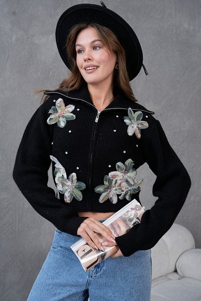Miss Allos Cardigan de damă din tul cu flori și piatră brodat cu fermoar cu textura moale