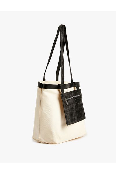 Koton Canvas Tote Bag Faux Leather Wallet Detailed Color Contrast