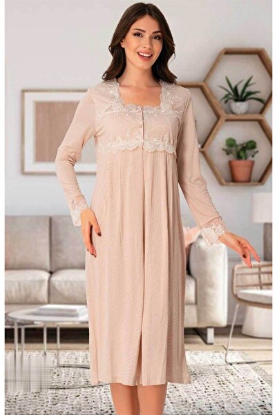 Pelin ثوب نوم نسائي للحوامل بأكمام طويلة من الدانتيل باللون البني الحليبي