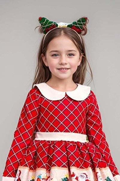 Riccotarz Girl's Plaid Detailed Santa Claus Printed Baby Collar Christmas Red Dress
