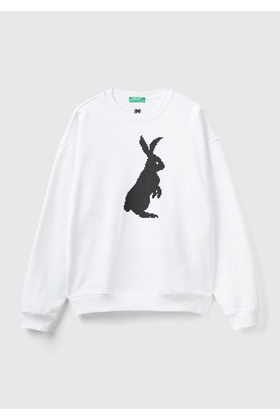 United Colors of Benetton Men's White 100% Cotton Rabbit Printed Sweatshirt
