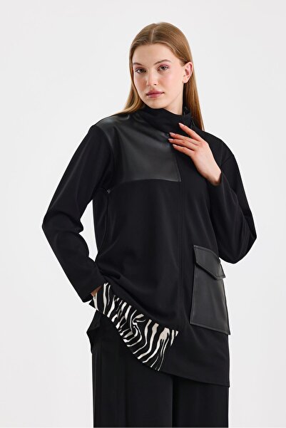 Zühre Leather Garnished Pattern Detailed Black Tunic T-1539