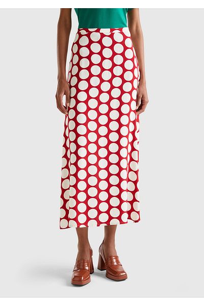 United Colors of Benetton Women's Red 100% Viscous Polka Dot Long Skirt with Side Zipper