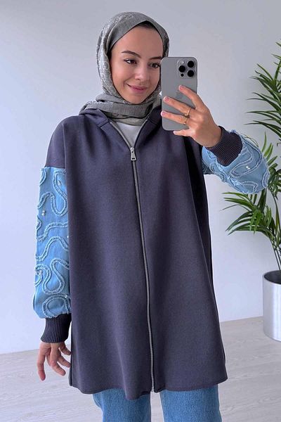 Ka Hijab Smoked Knitwear Hijab Cardigan - Jeans Detailed Sleeves