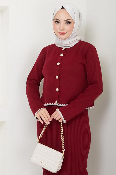 hafsamina Σετ πλεκτά Claret Red Shepherd - Ζακέτα με ραφές και Gilet HM2613