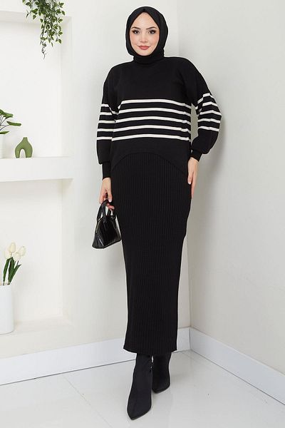hafsamina Μαύρο ριγέ πλεκτό πουλόβερ και σετ Gilet - HM2596