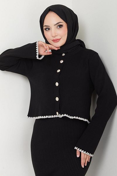hafsamina Μαύρο Πλεκτό Σετ Shepherd - Ζακέτα και Gilet HM2613
