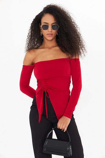 ALLEYTA Women's Asymmetrical Front Gathered Long Sleeve Strapless Neckline Crop Blouse