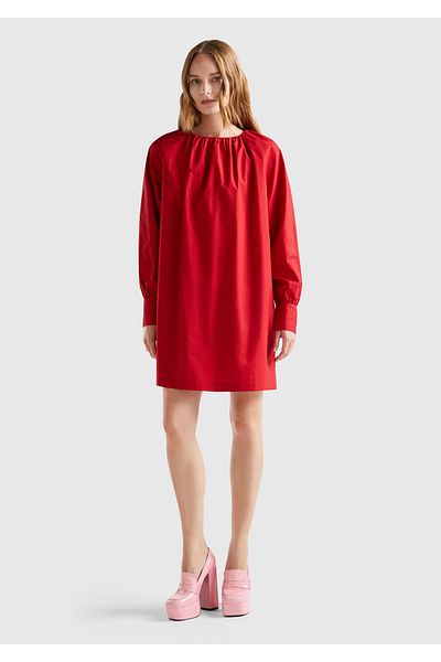 United Colors of Benetton Women's Red 100% Cotton Raglan Long Sleeve Midi Length Dress