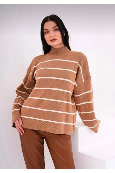 ribana Pulover de damă, alb, supradimensionat, cu dungi pe jumătate, cu gât țesut, pulover cu dungi