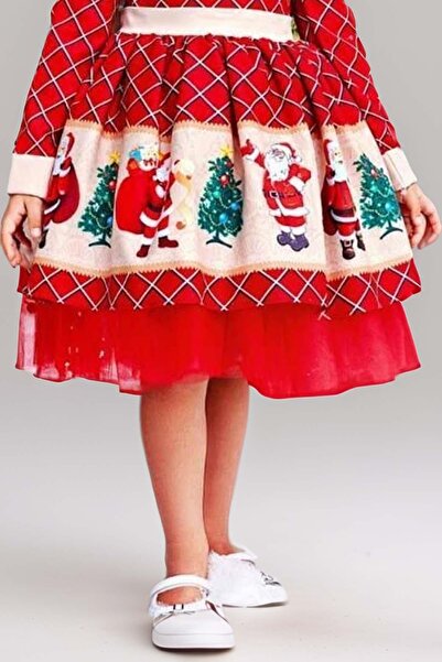 Riccotarz Girl's Plaid Detailed Santa Claus Printed Baby Collar Christmas Red Dress