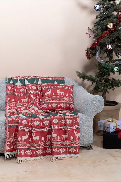 MYLASA HOME Mylasahome New Year's Patterned 100% Cotton Multi-Purpose Sofa Shawl - 130X170 (Without Swirl)