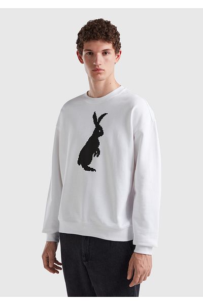 United Colors of Benetton Men's White 100% Cotton Rabbit Printed Sweatshirt