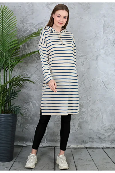exxitcollection 95 cm Hooded Striped Slit Long Tunic Sweatshirt - Two Thread