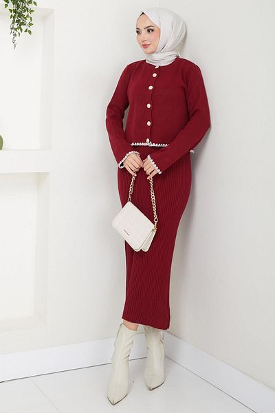 hafsamina Σετ πλεκτά Claret Red Shepherd - Ζακέτα με ραφές και Gilet HM2613