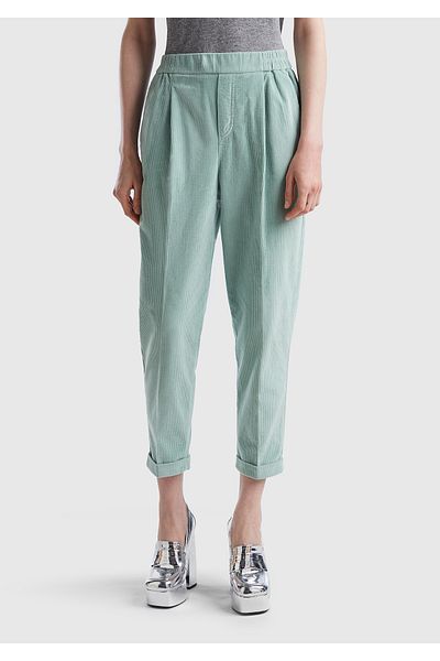 United Colors of Benetton Water Green Velvet Women's Trousers - Elastic Waist
