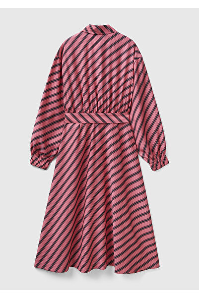 United Colors of Benetton Γυναικείο φόρεμα με κουμπιά μπροστινό γιακά με ριγέ σταυρωτό πουκάμισο με ροζ μίξη