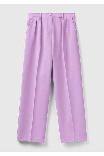 United Colors of Benetton Lilac Women's Trousers - Polyviscosis, Wide Leg, Pleated