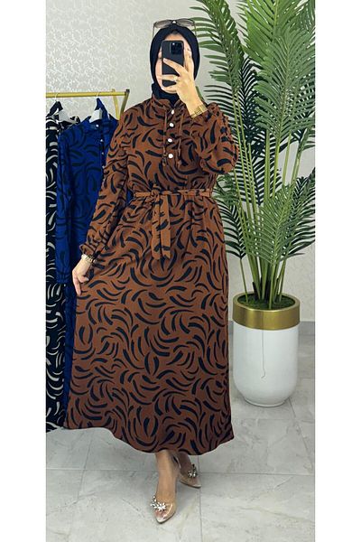 WAPP Rochie Hijab cu brâu, țesătură Karin, cu nasturi în față, cu guler