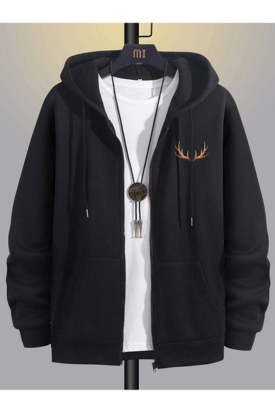 Guillermo Black Printed Oversize Cardigan Sweatshirt - Thick Hood and Horn Zip