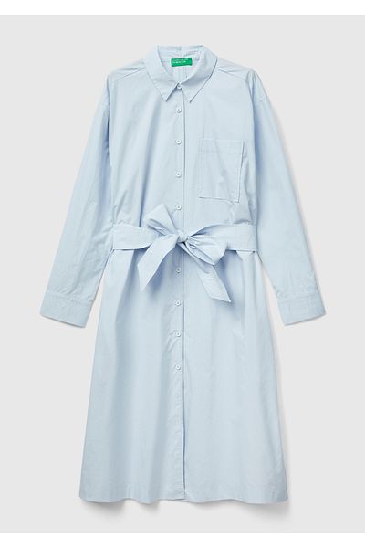 United Colors of Benetton Pudra Color Women's Jeans Shirt Collar Long Sleeve Popline Dress - Pale Blue