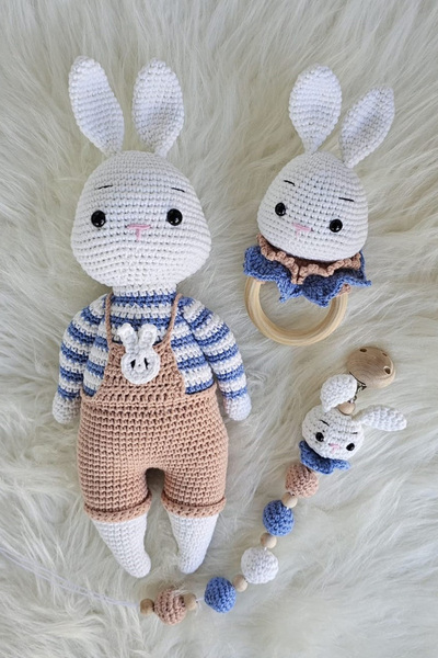 kelebeginruyasihobievi Amigurumi Uyku Arkadaşı , Yenidoğan Yakışıklı Tavşan,Çıngırak ve Emzik Zinciri 3'lü Set
