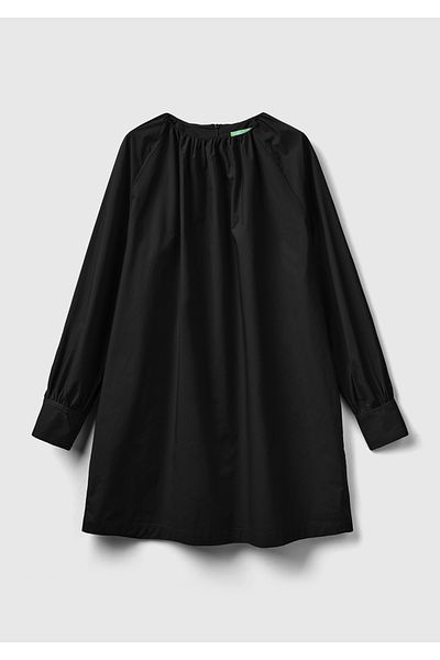 United Colors of Benetton Women's Black 100% Cotton Raglan Long Sleeve Midi Length Dress