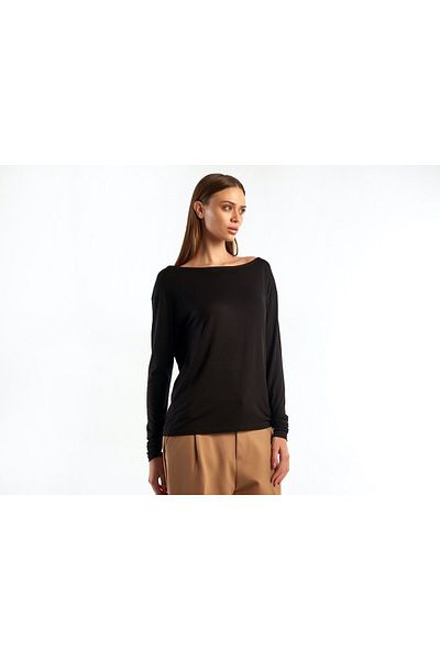 United Colors of Benetton Μαύρο Viscose Blended - Γυναικείο μακρυμάνικο μπλουζάκι με φαρδύ γιακά