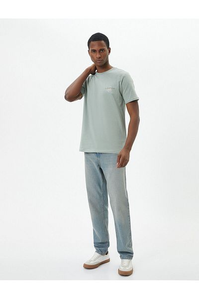 Koton Μπλουζάκι με στάμπα με σύνθημα Slim Fit Crew Neck κοντομάνικο βαμβακερό