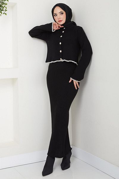 hafsamina Μαύρο Πλεκτό Σετ Shepherd - Ζακέτα και Gilet HM2613