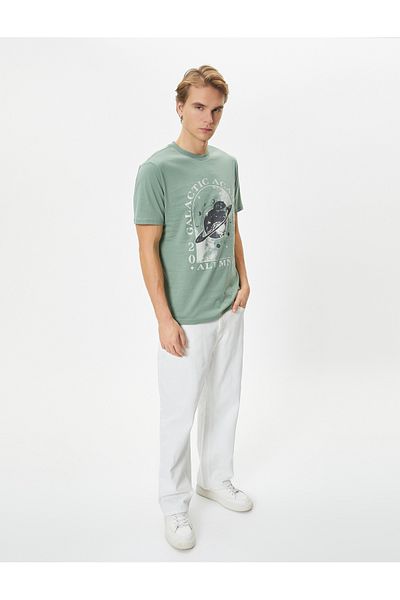 Koton Slogan Printed T-Shirt Space Themed Slim Fit Crew Neck Short Sleeve
